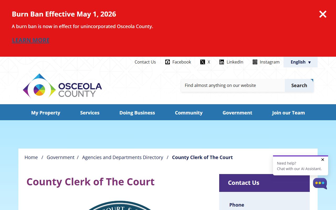 Osceola County directory entry for the Clerk of the Circuit Court and County Comptroller