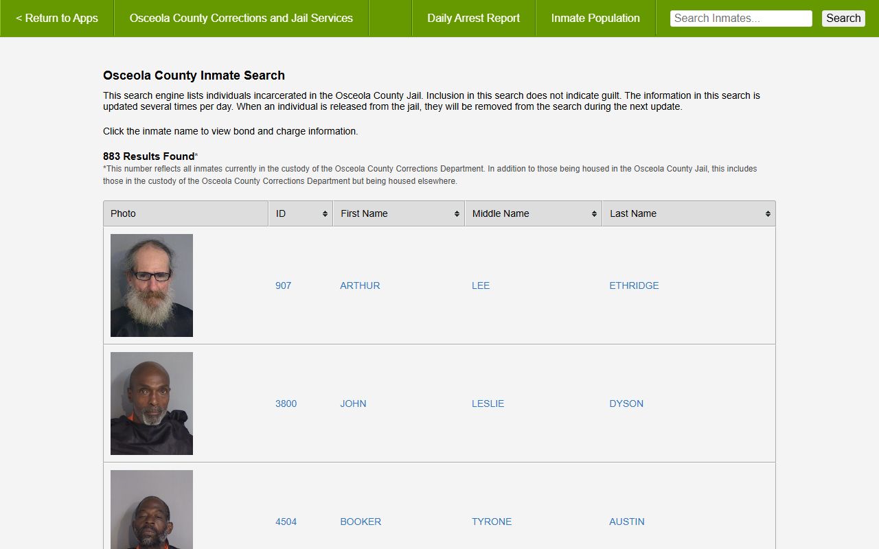 Osceola County current inmate population search tool