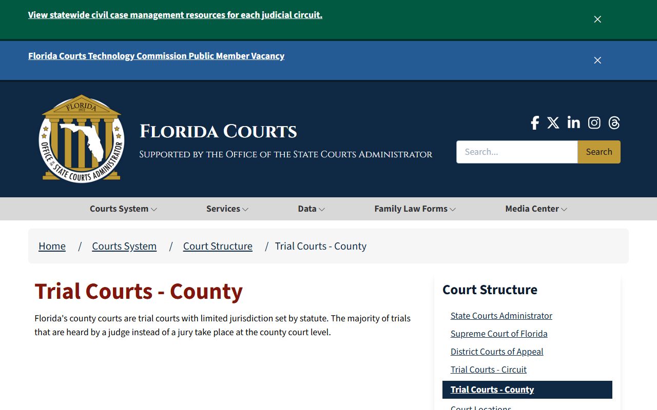 Florida county court overview page describing county court jurisdiction