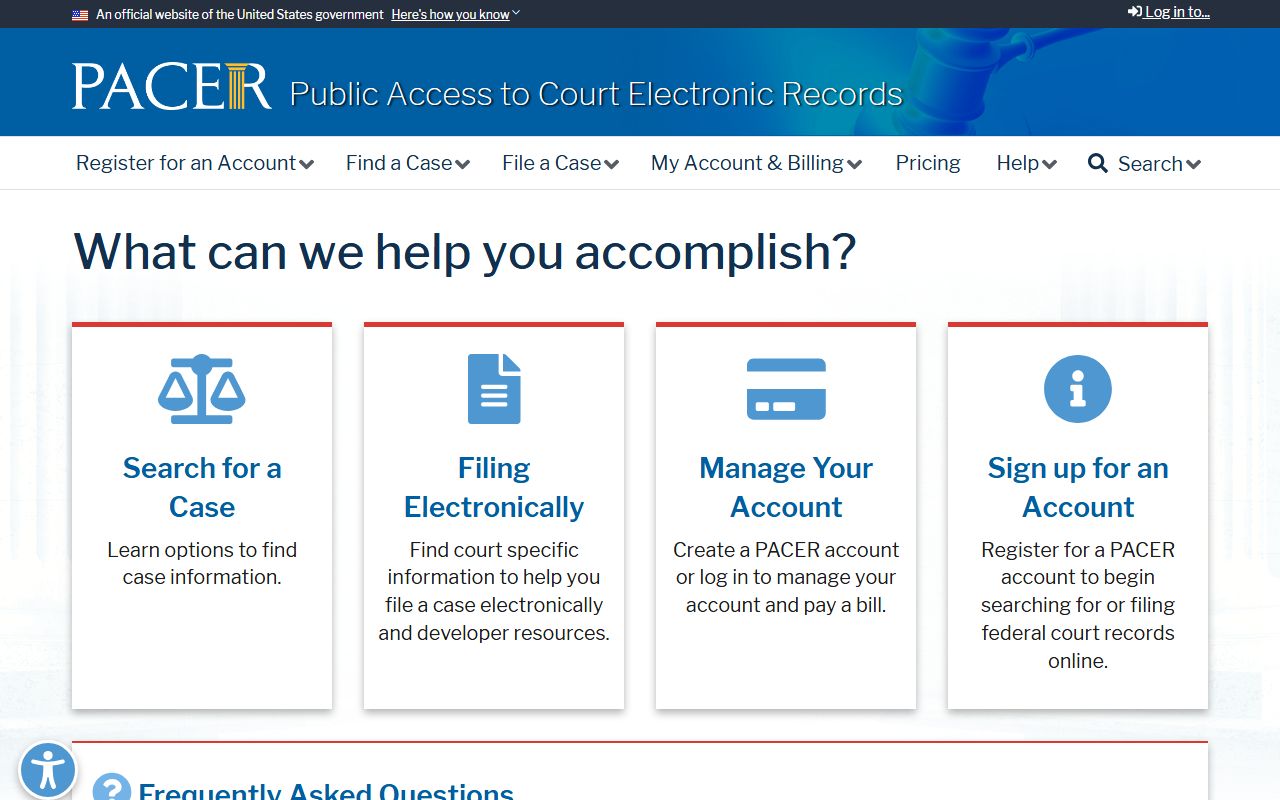 Federal PACER case access registration and search page
