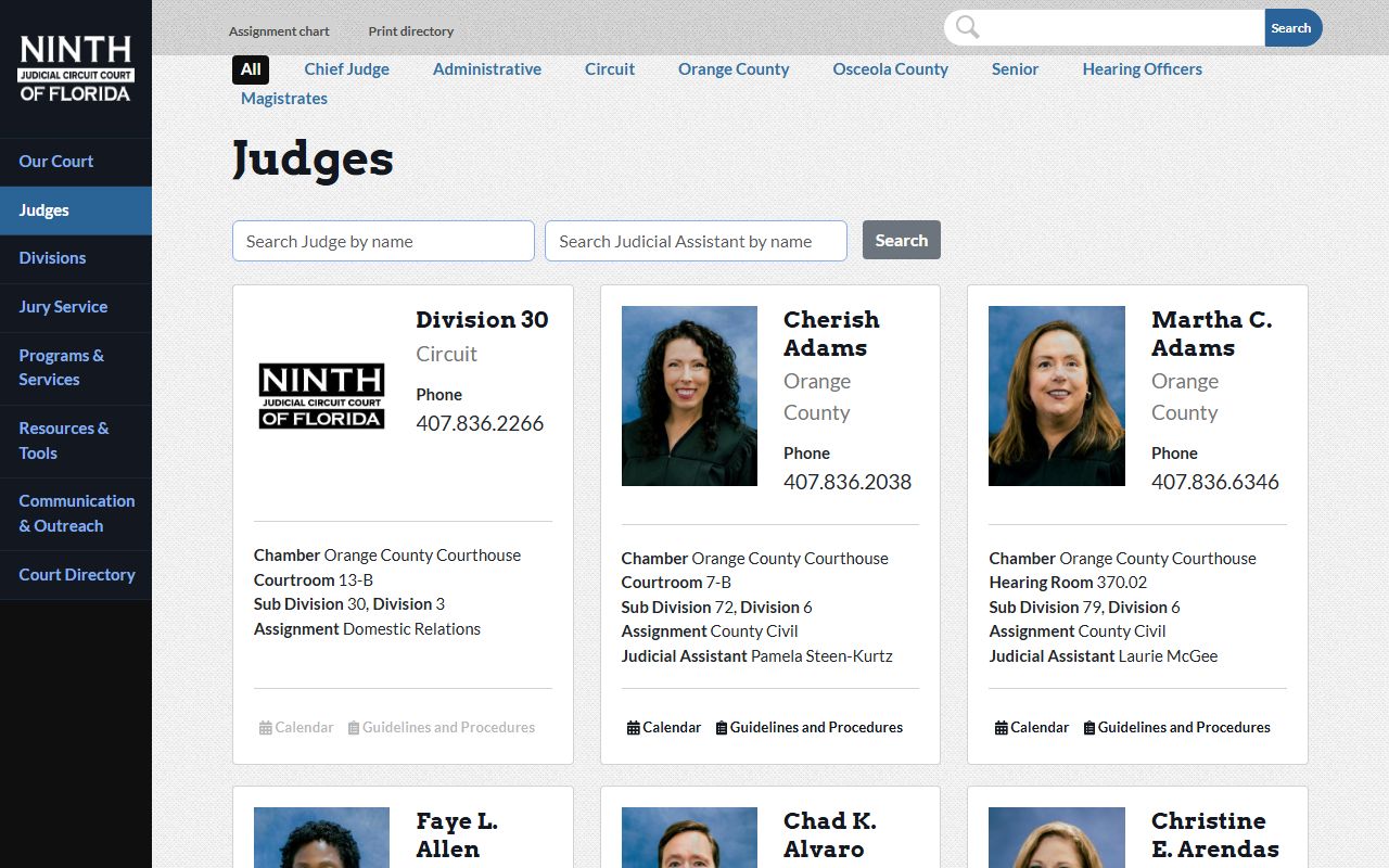 Ninth Judicial Circuit judges directory covering Osceola County