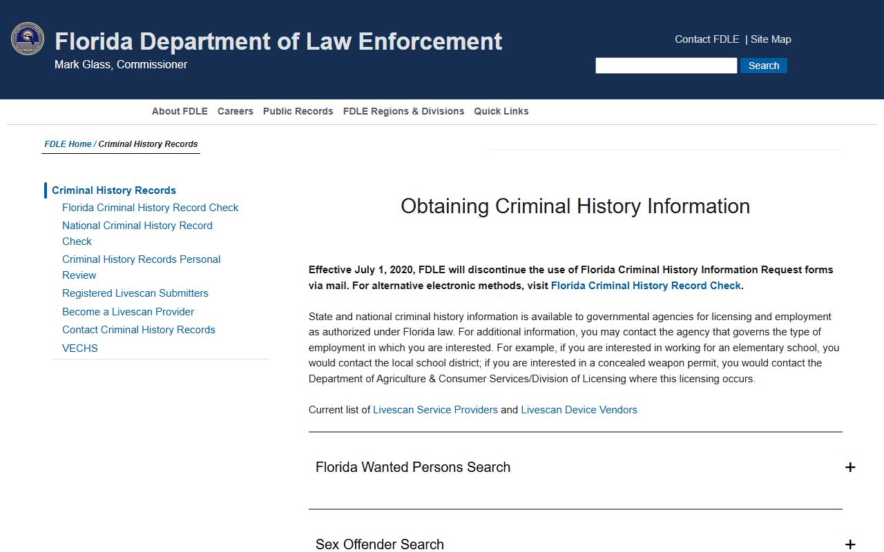 FDLE obtaining criminal history information request page