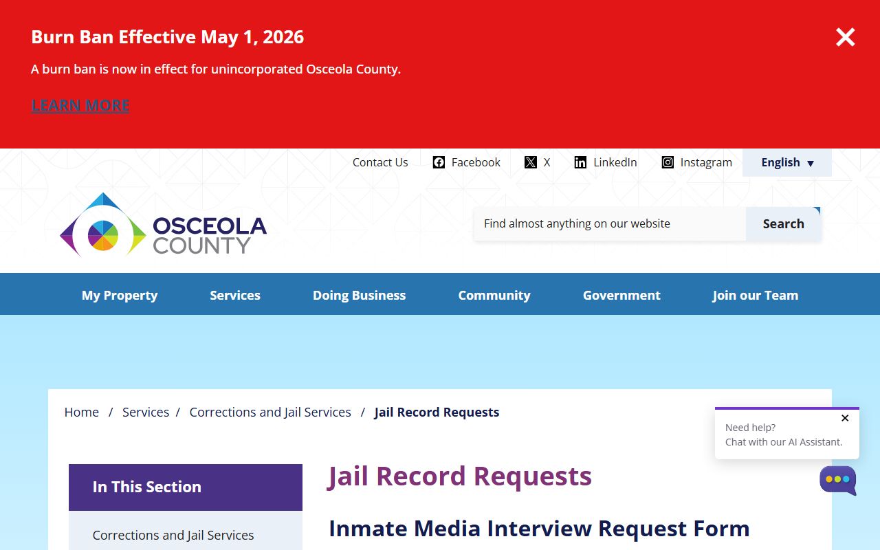 Osceola County jail record requests page