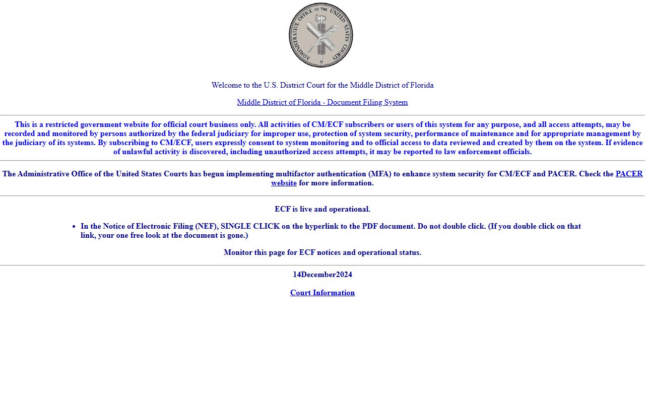 Federal Middle District of Florida CM/ECF login for Osceola County federal cases