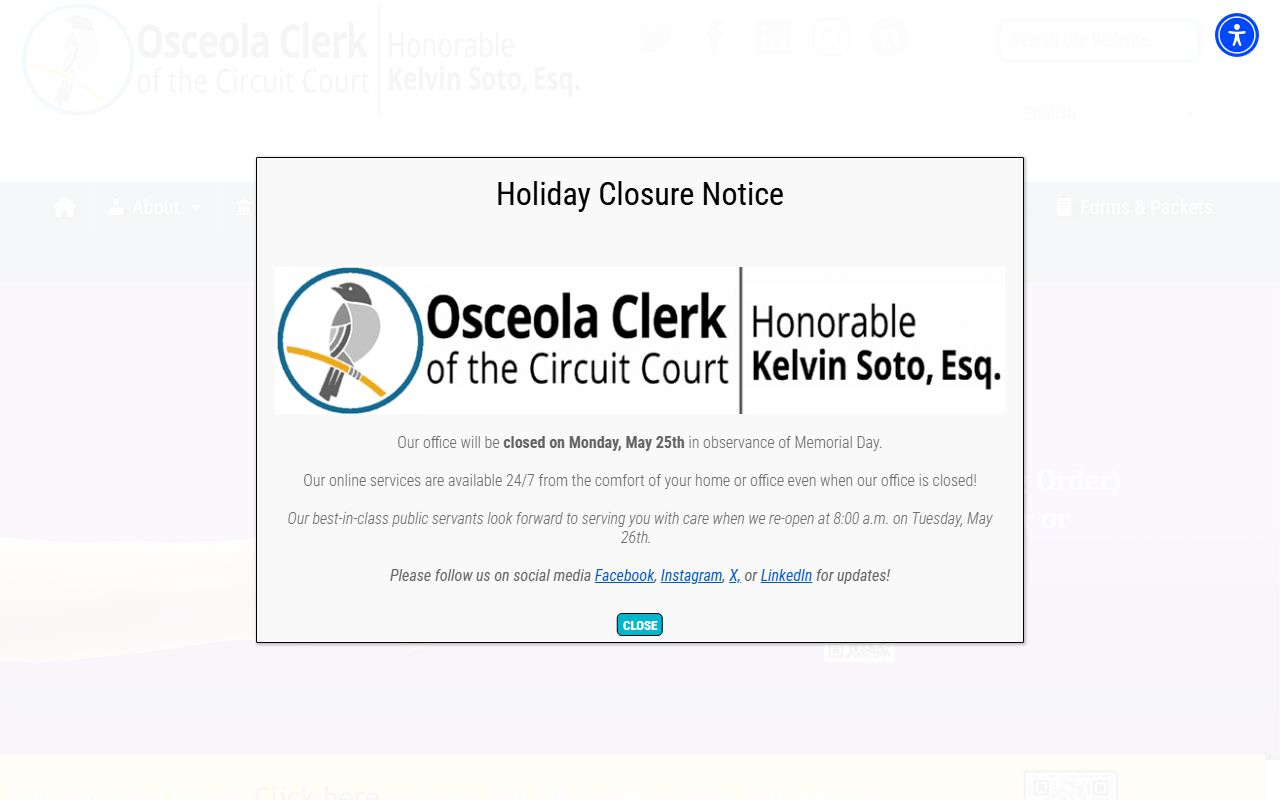 Osceola County Clerk of Court homepage with court records search navigation