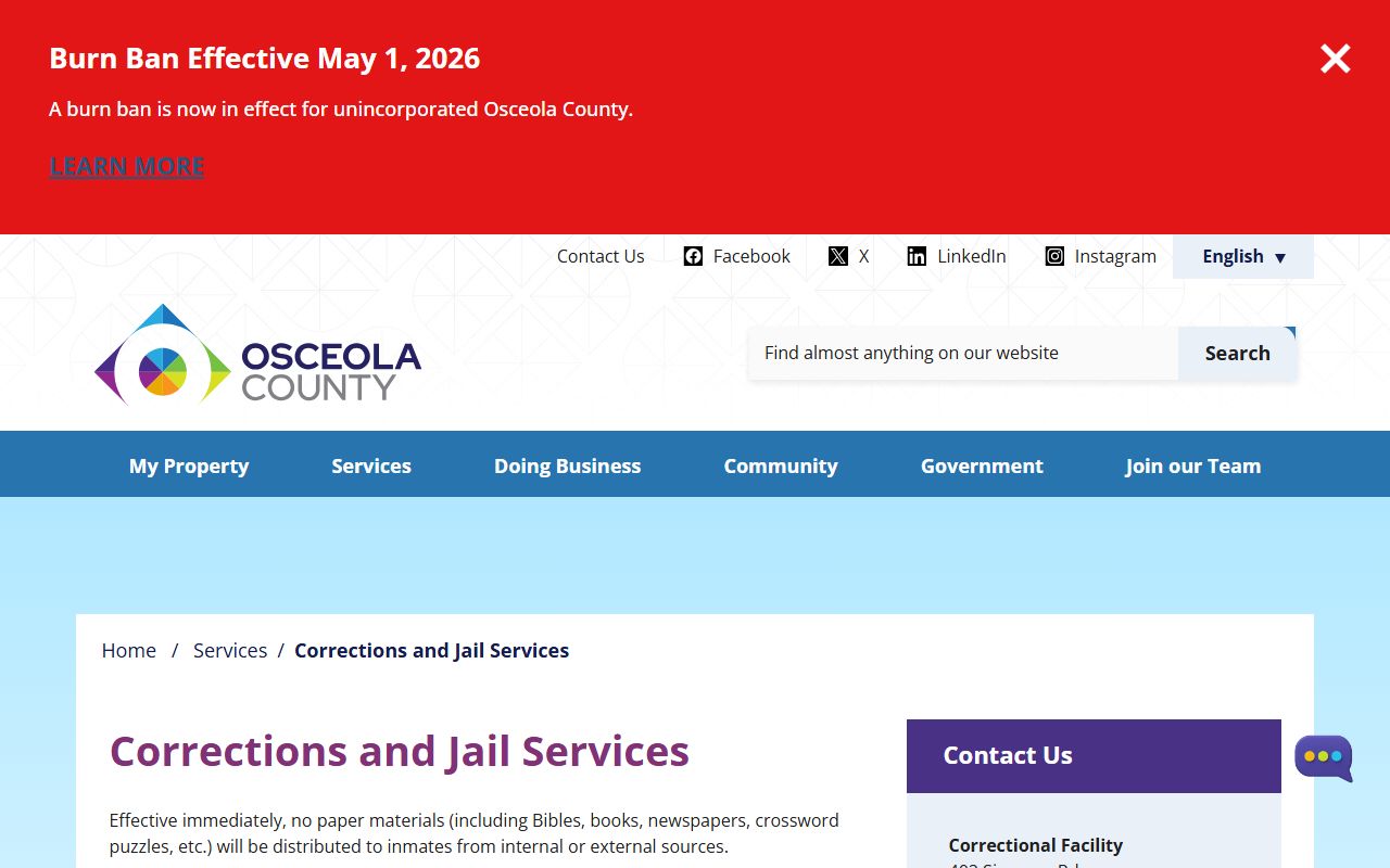 Osceola County Corrections and Jail Services page with inmate search links