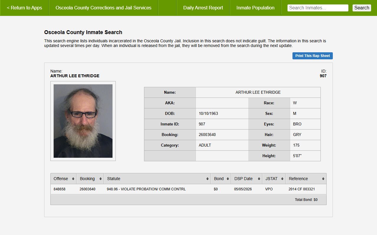 Sample Osceola County inmate profile detail page with booking and charge fields