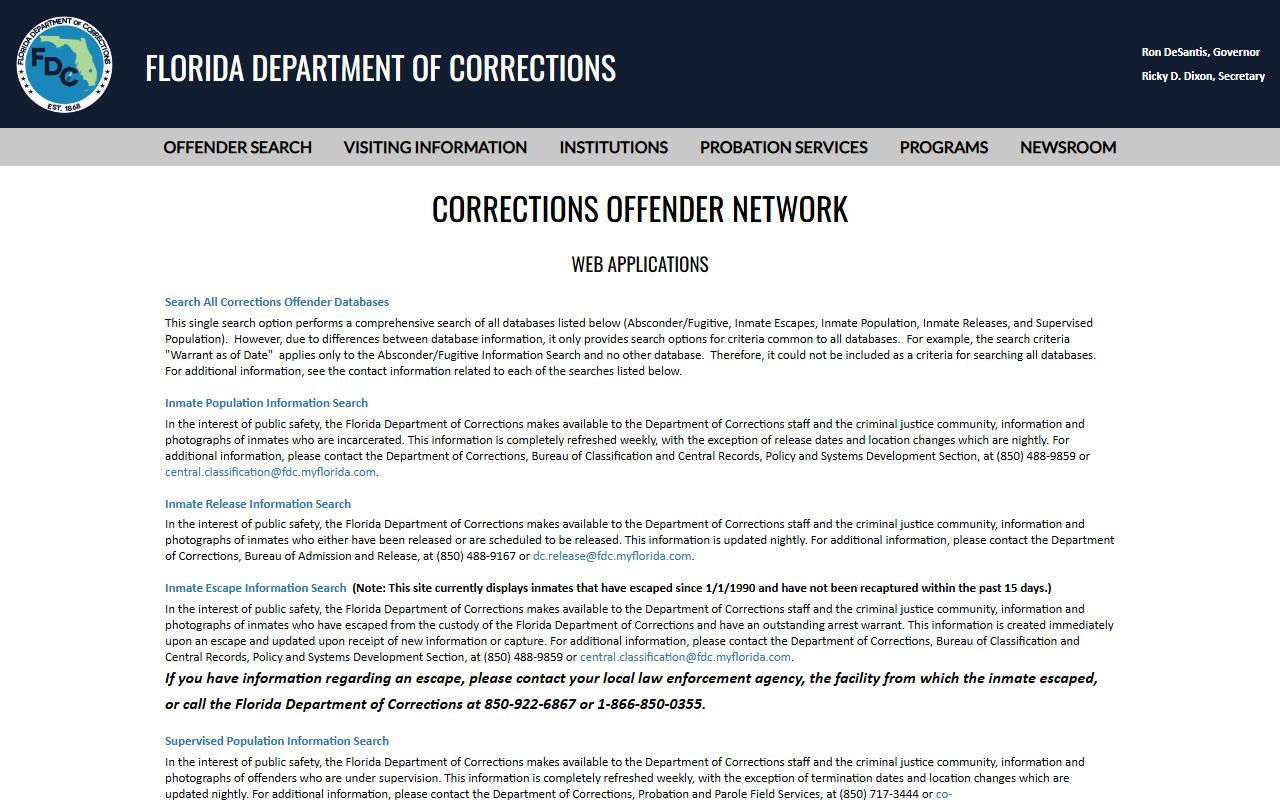 Florida Department of Corrections offender search menu