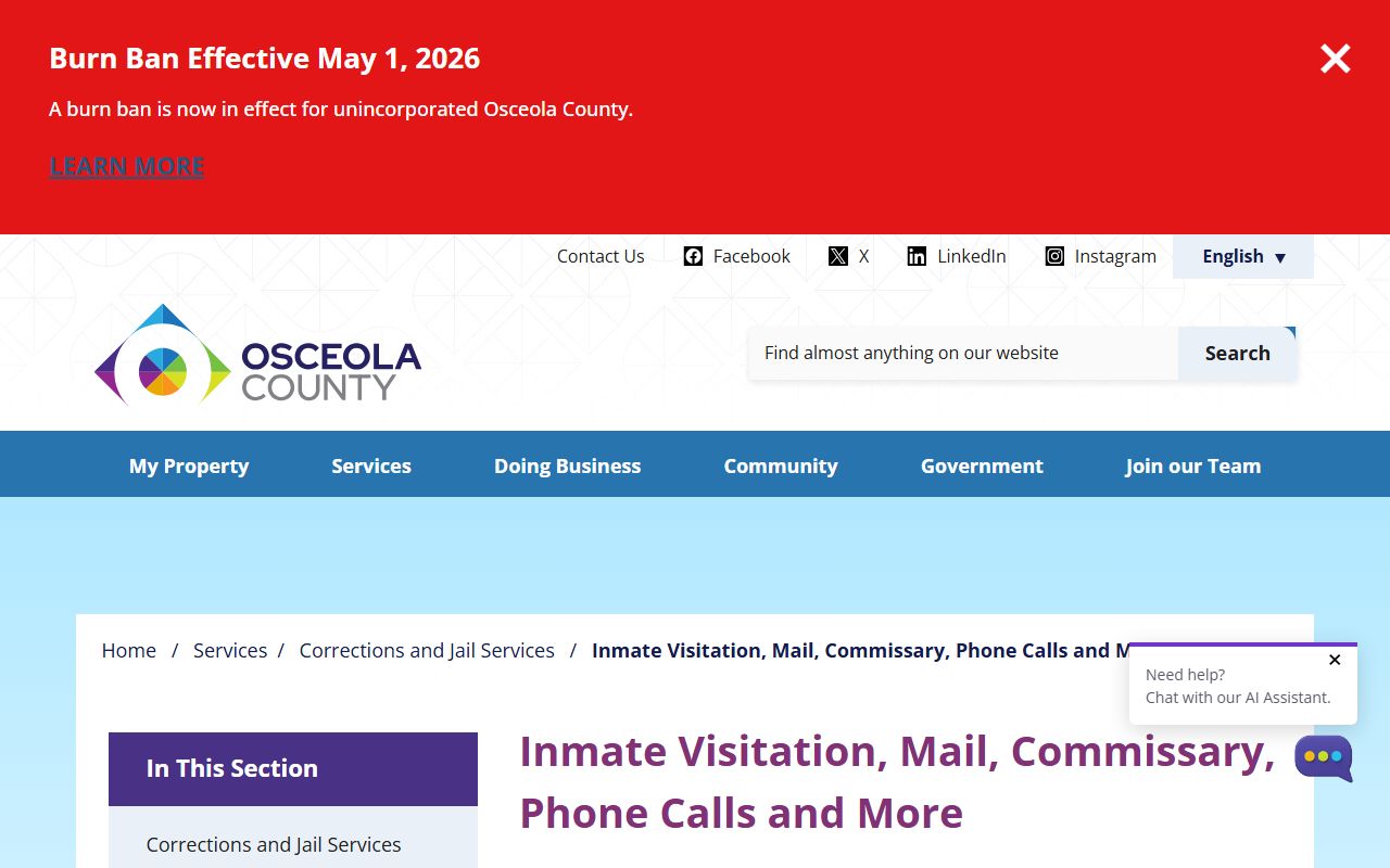 Osceola County jail visitation, mail, and commissary information page
