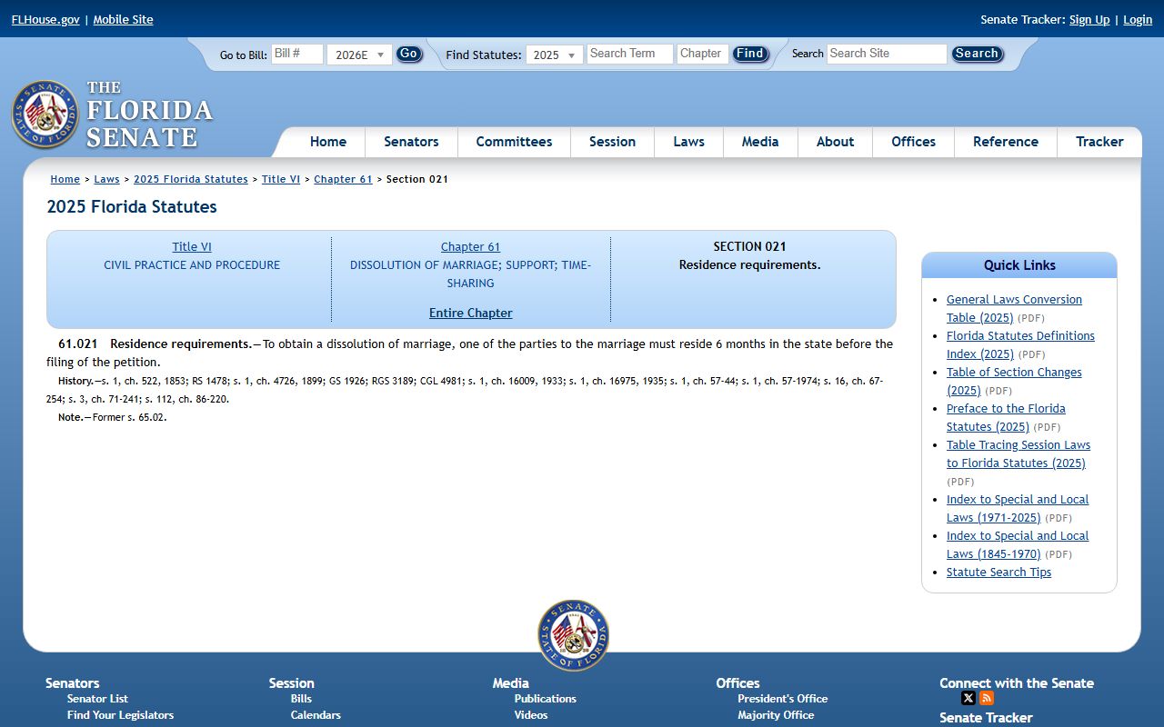 Florida divorce residency requirement statute for Osceola County filings