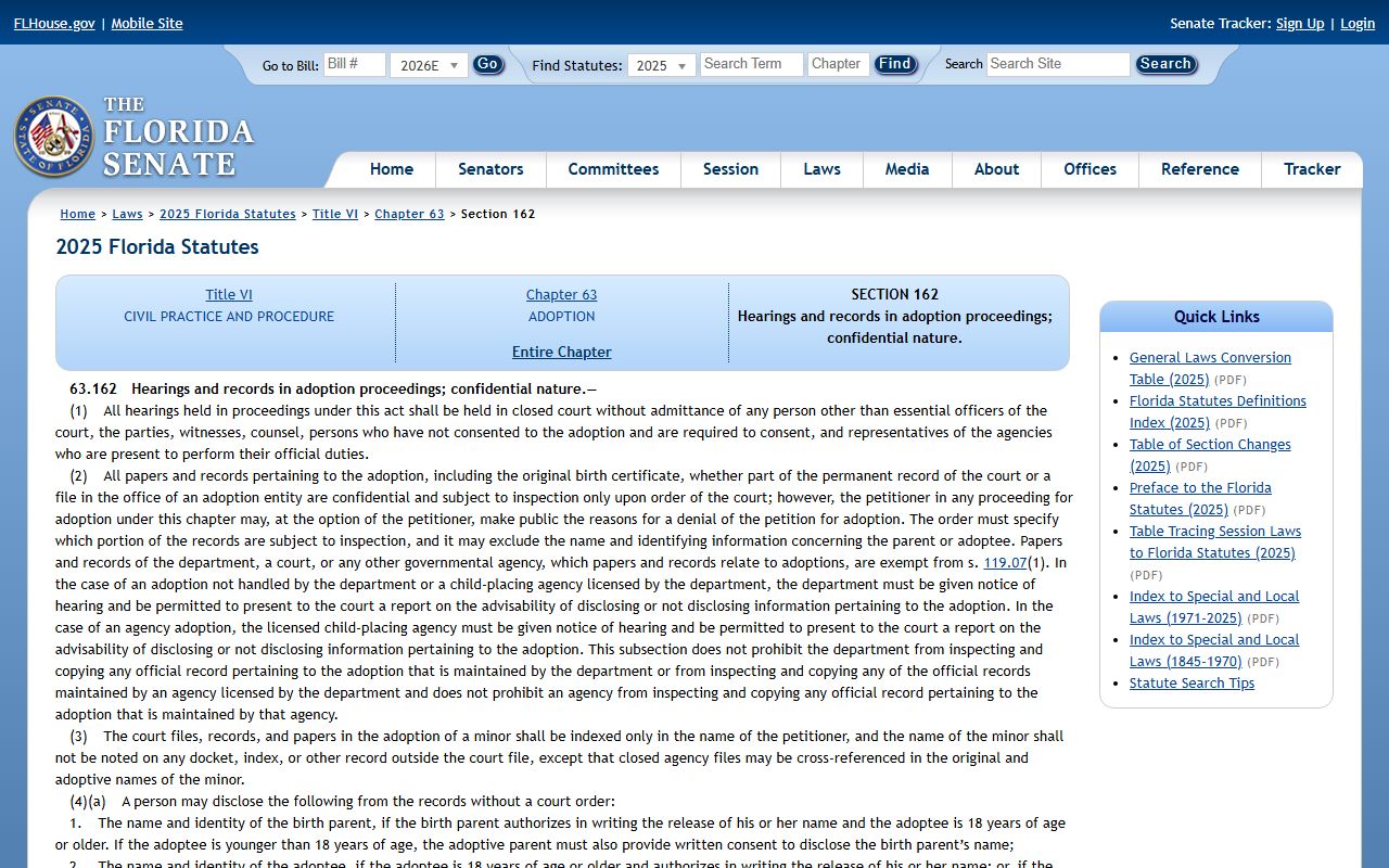 Florida adoption records confidentiality statute that applies in Osceola County