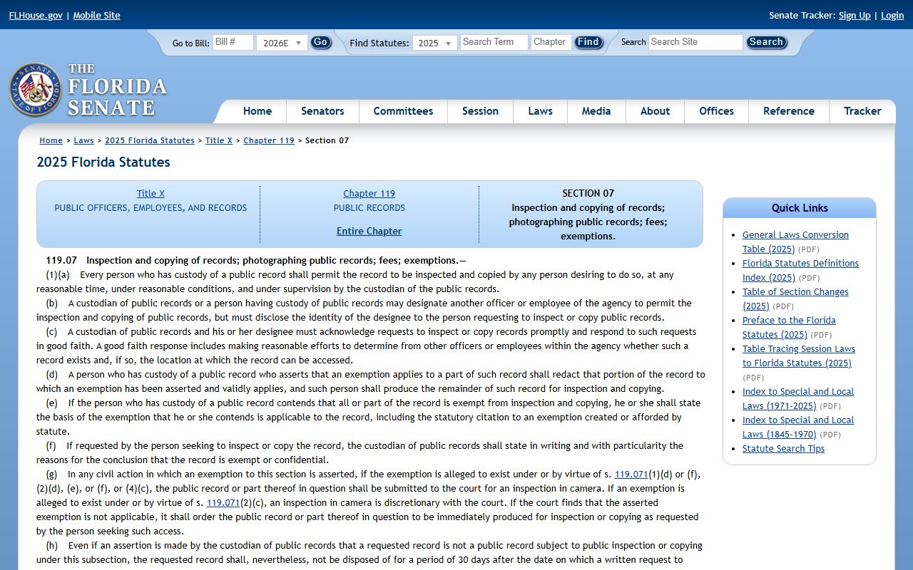 Florida public records inspection and copying statute section 119.07 for Osceola County