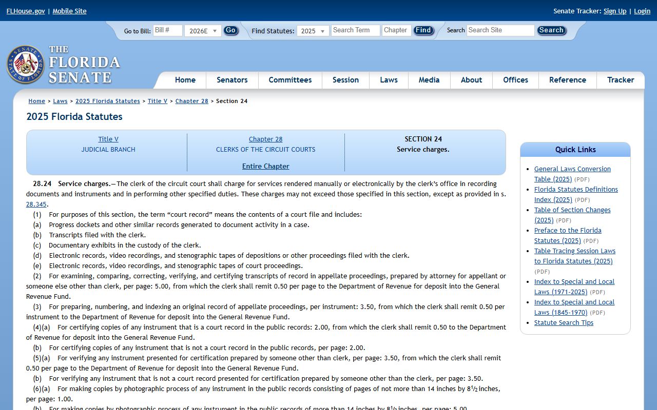 Florida clerk service charges statute section 28.24 for Osceola County