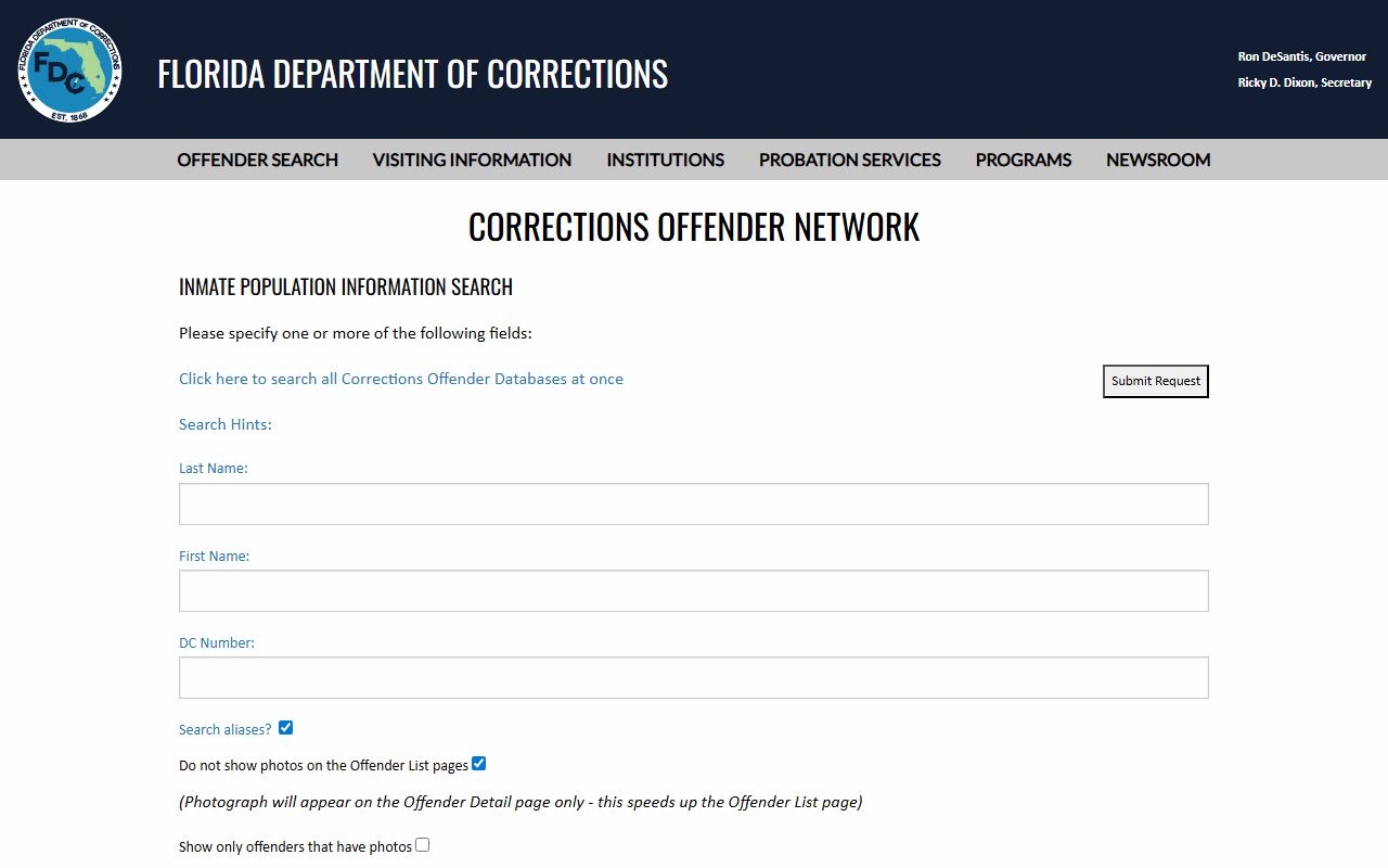 Florida Department of Corrections inmate population search form