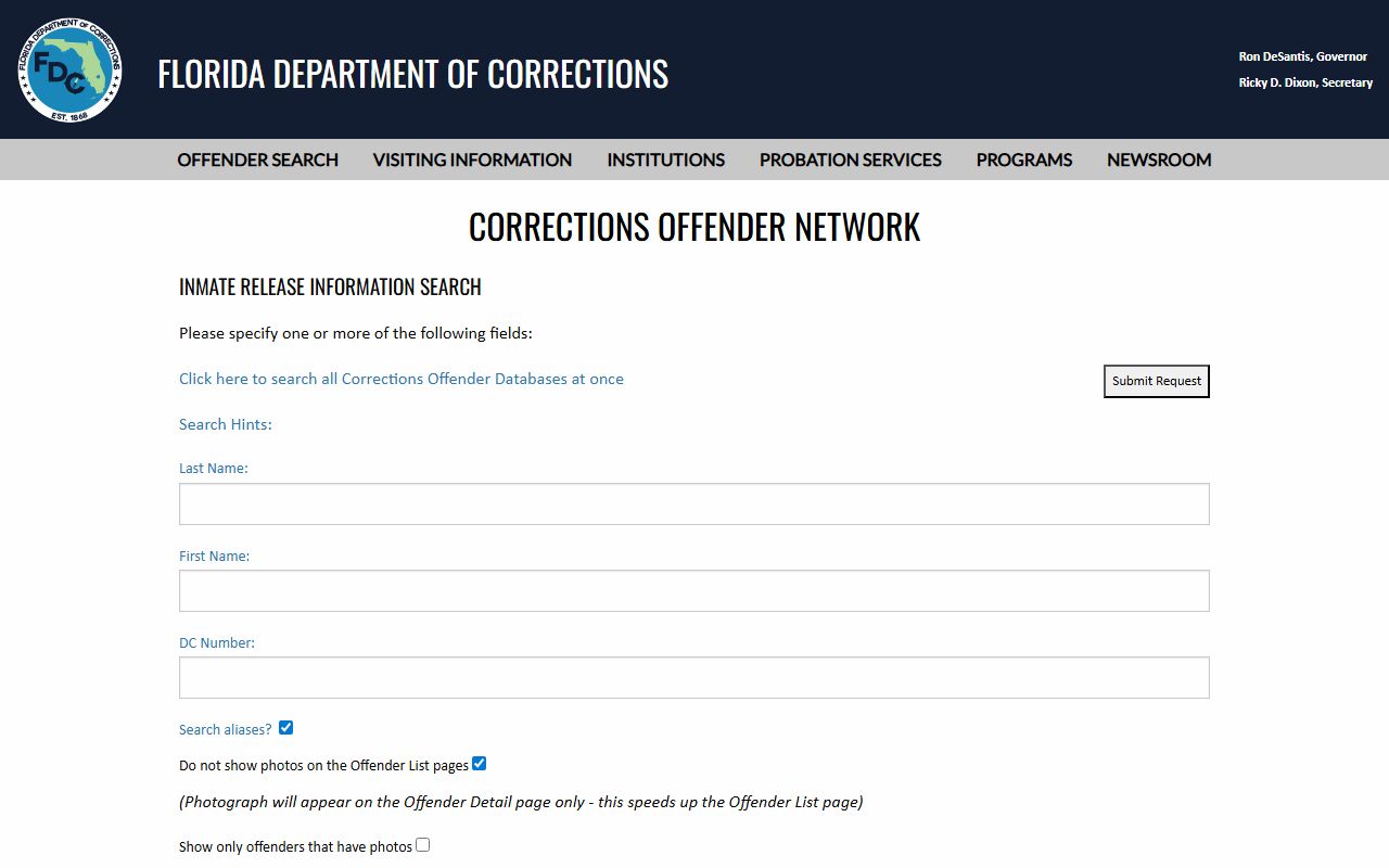 Florida Department of Corrections inmate release information search form