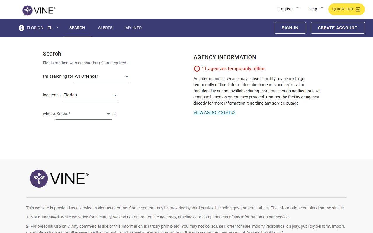 VINELink Florida person search and notification registration page