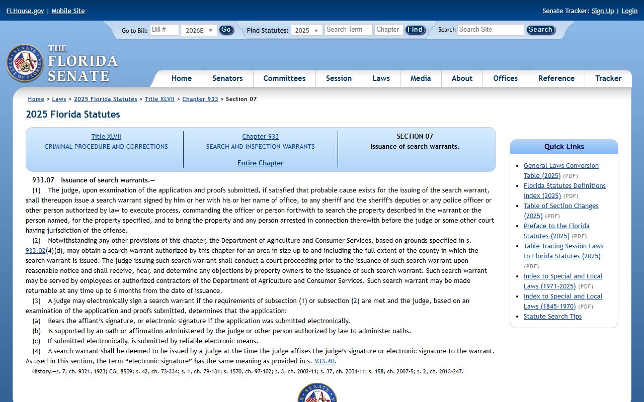 Florida search warrant execution statute that applies in Osceola County