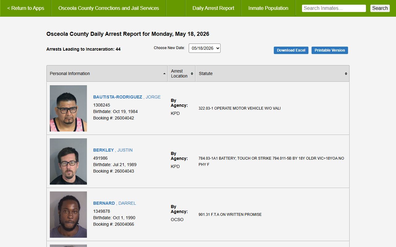 Osceola County daily arrest report with date selector and charge statutes
